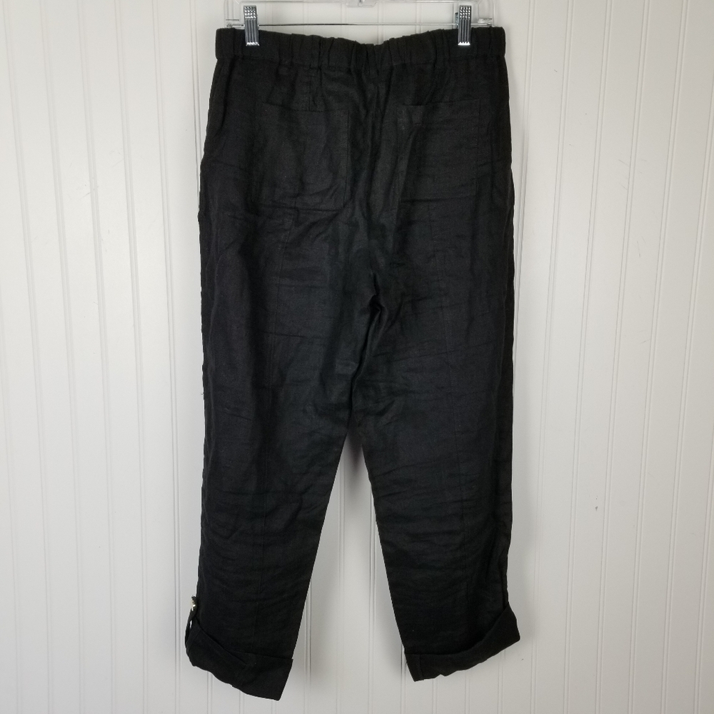 Calvin Klein Womens Black Linen Roll Tab Cuff Pants Size Small Elastic Waist Zip - Picture 2 of 11